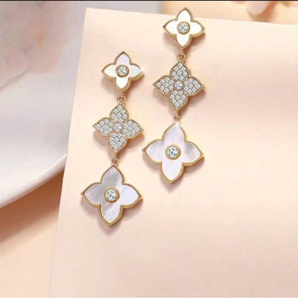 Elegant Gold and Pink Floral Drop Earrings - Picture 5 of 5